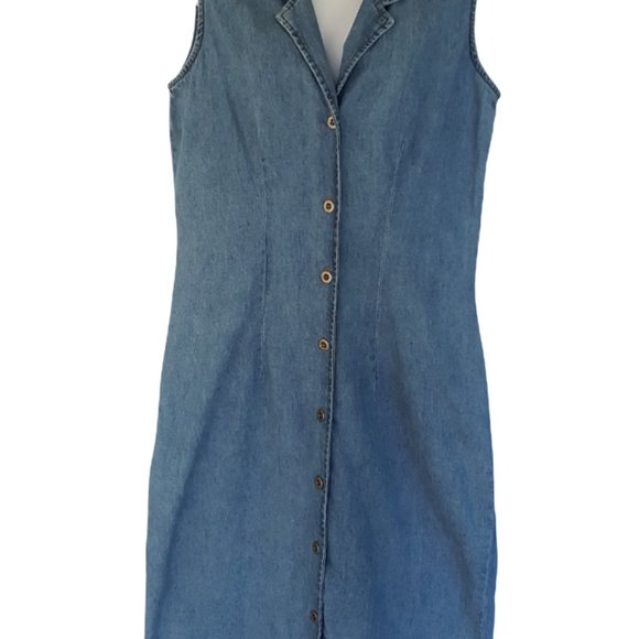 Vintage 90s Chambray Dress Women's 10 Blue Midi Sleeveless Button Front Cotton - Picture 2 of 14